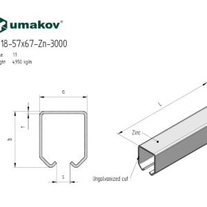 Profil vodiaci závesný Zn, 57x67x3mm, L3m